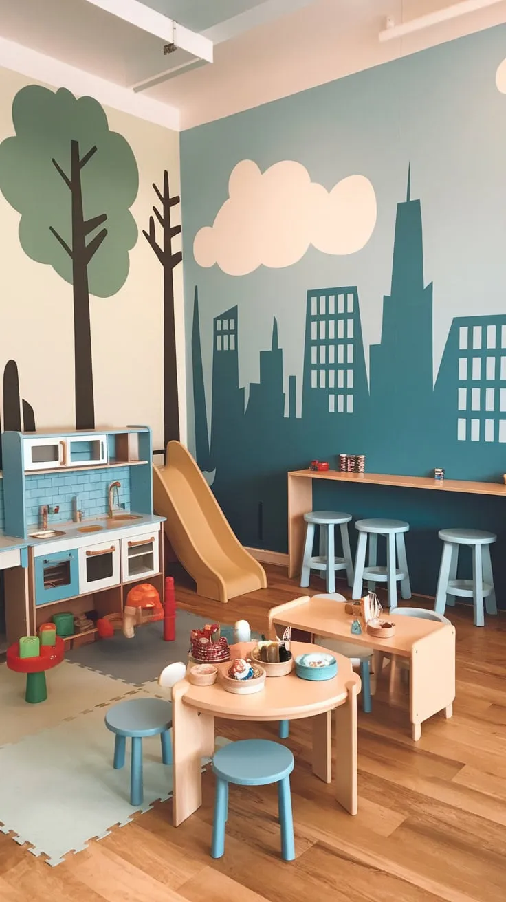 A child's dreamland combines a playful toy area with a miniature cafe, all within a beautifully decorated space.