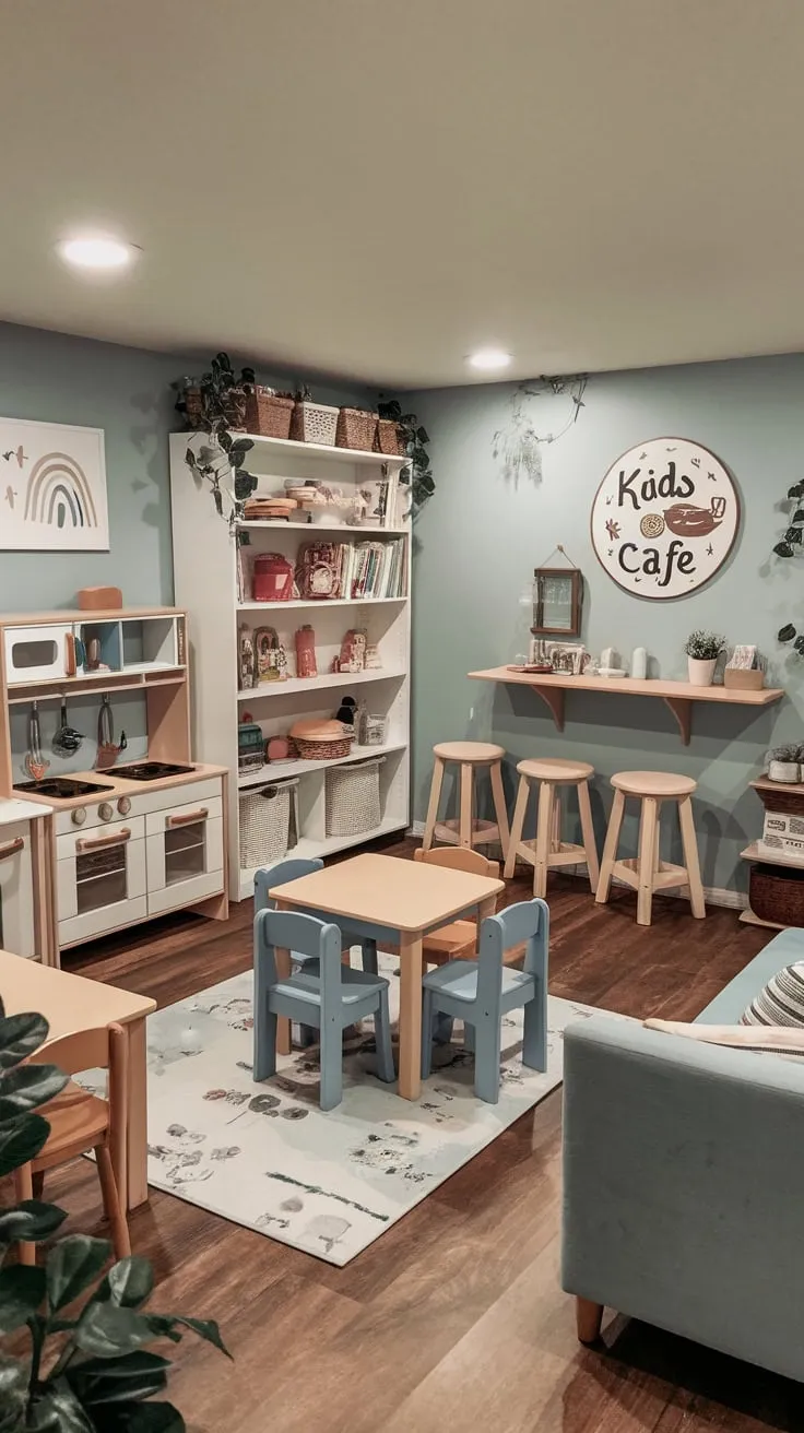 A charming basement playroom boasts a kids' cafe, play kitchen, and comfy seating amidst soft blue walls and wooden floors