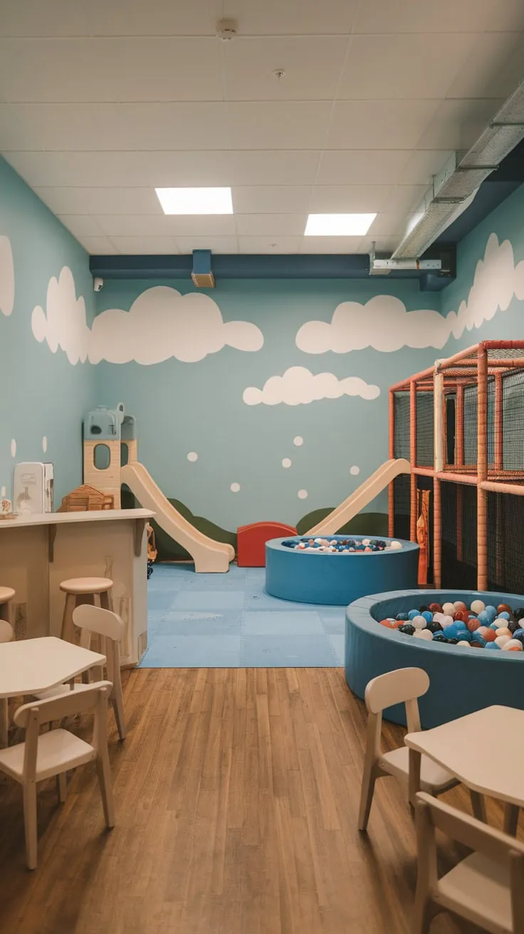 This basement playroom transformation features a vibrant mural, wooden floors, and exciting play equipment including a slide, ball pit, and climbing structure, plus a mini cafe.