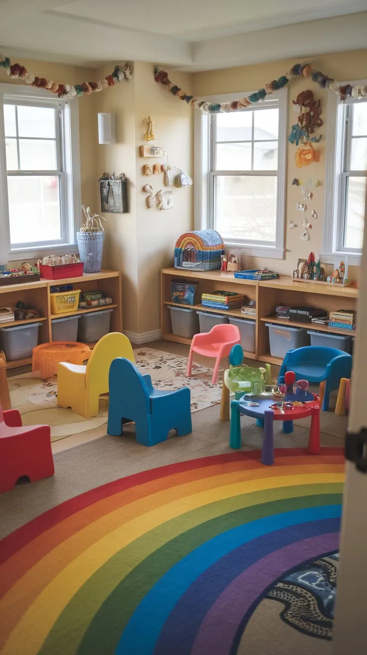 A colorful haven of playful exploration awaits in this bright room filled with toys, books, and happy designs.