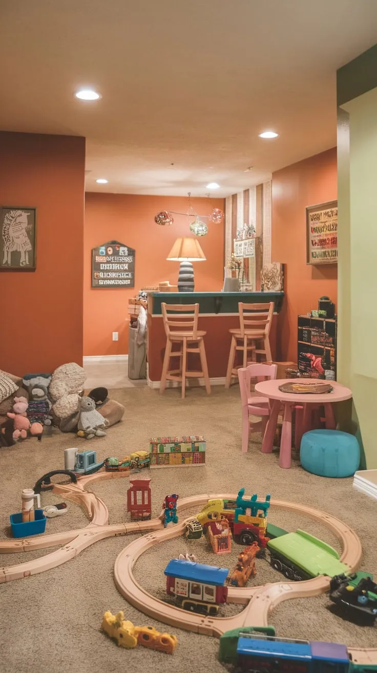 A whimsical basement playroom combines a cafe corner with a colorful array of toys, creating a child's dreamland.