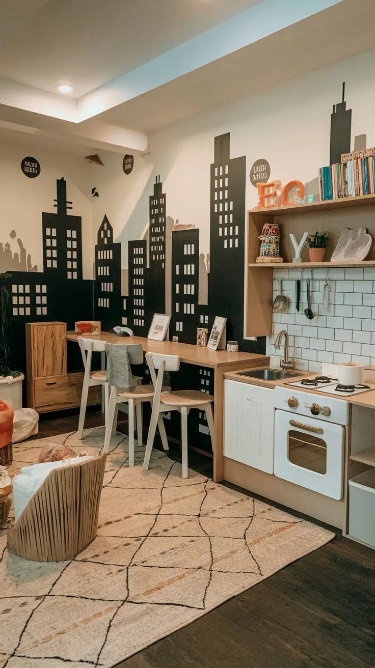 A basement renovation transforms into a whimsical kids' cafe playroom, complete with a cityscape mural, miniature kitchen, and cozy reading nook.