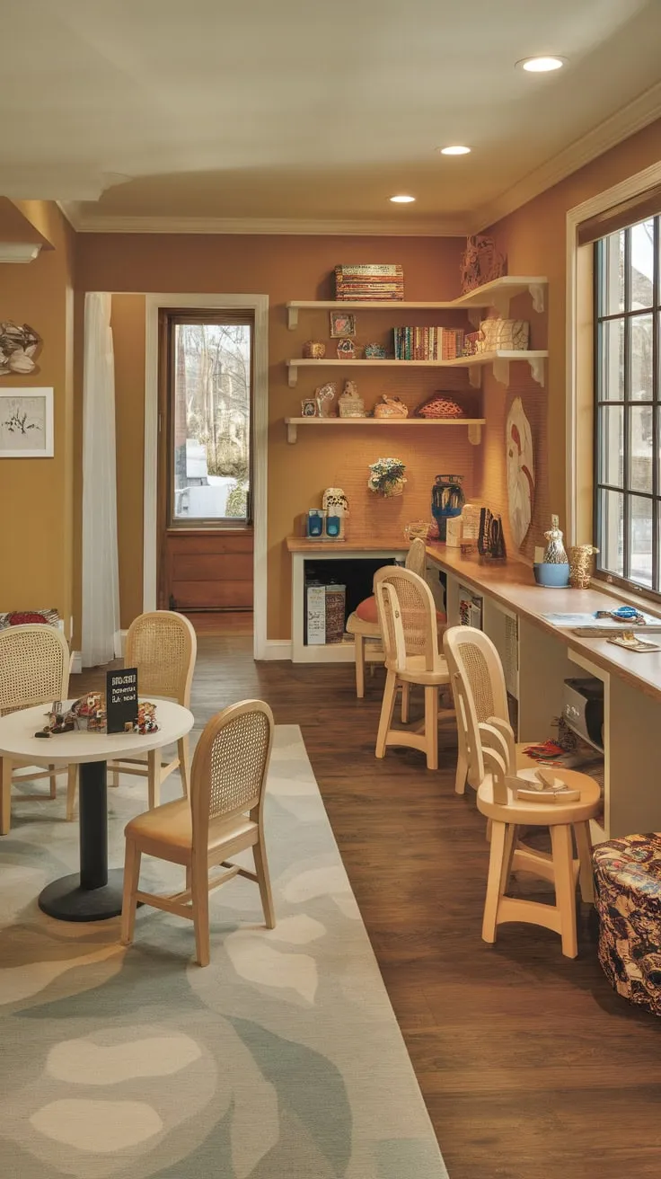 A sunlit basement playroom boasts a cafe-themed design with toys, books, a TV, and a door to the outdoors