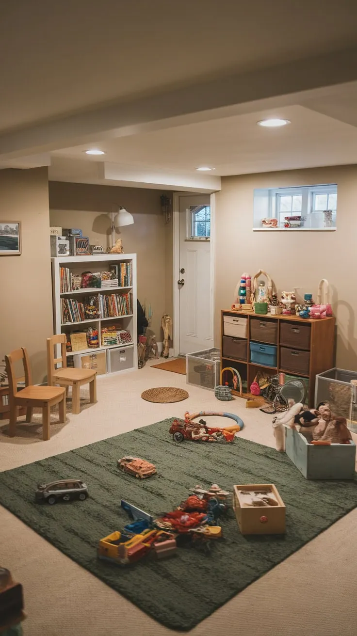 A cozy basement playroom, brimming with toys, books, and comfortable seating, offers a dedicated space for imaginative play.