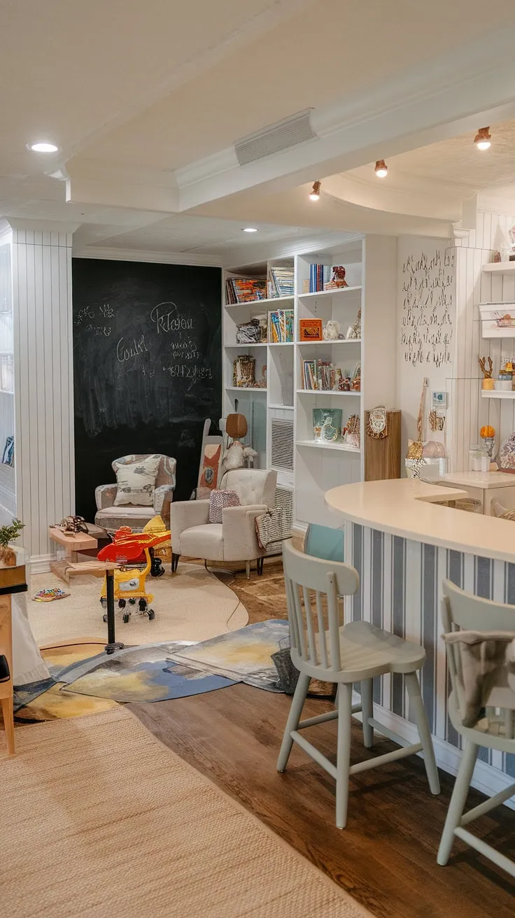 Escape the ordinary in this stunning basement playroom.  Our kids cafe design features a charming counter, comfy chairs, and plenty of space for creative fun. This indoor playroom is the ultimate dream house rooms for kids, showcasing the best in playroom design and basement renovations.
