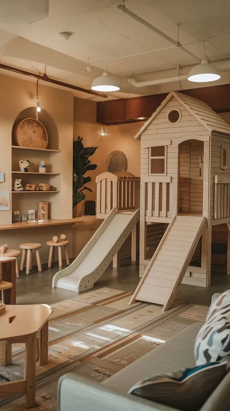 This basement playroom transformation is pure magic!  A custom-built playhouse, thrilling slide, and cozy play cafe create the ultimate indoor playroom, perfect for imaginative adventures and delicious treats.  Dream house rooms don't get much better than this stunning playroom design.  The perfect blend of kids cafe and basement renovations.