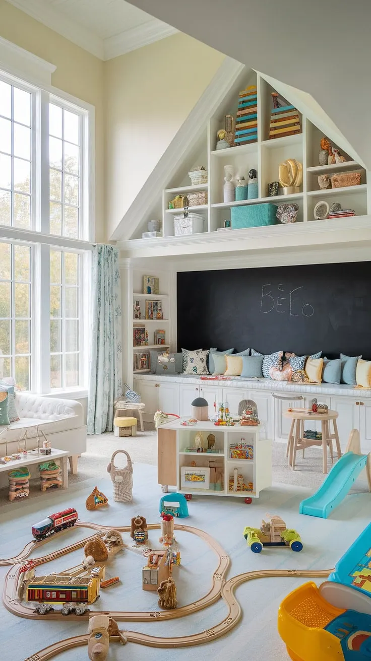More than just a basement playroom, this is a kids cafe paradise!  This stunning indoor playroom, part of our dream house rooms, boasts a chalkboard wall, reading nook, and a playful color palette.  The perfect example of successful basement renovations and exceptional playroom design.