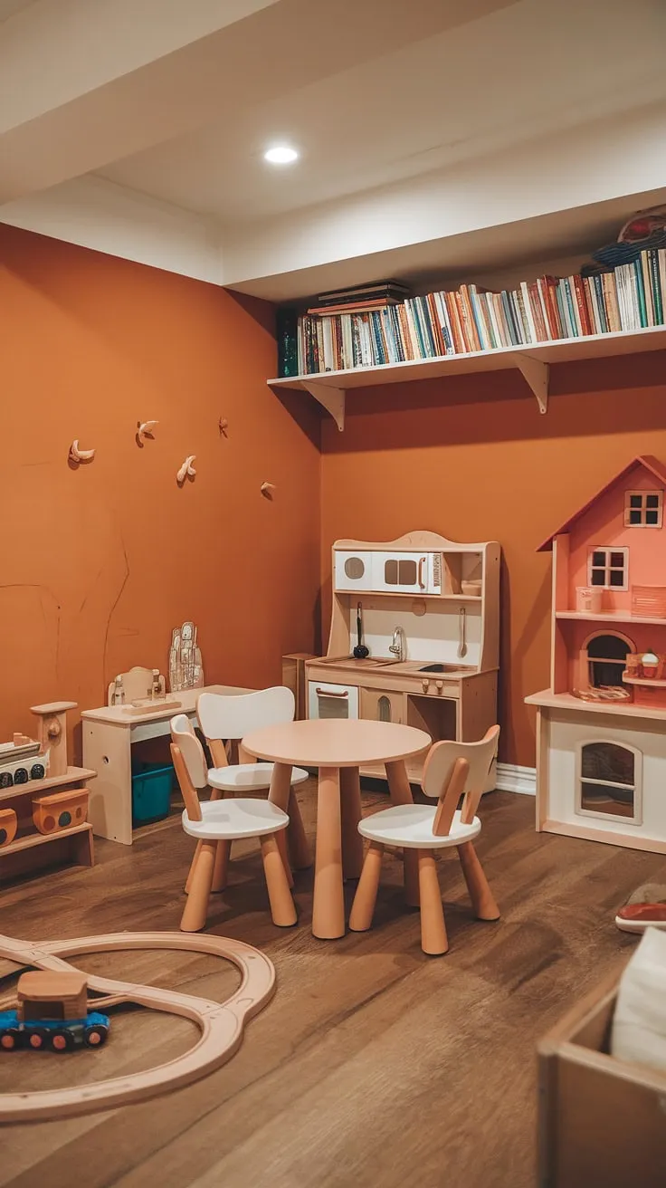 Orange walls burst with energy in this incredible basement playroom.  The clever playroom design incorporates a charming kids cafe, perfect for little ones to enjoy a snack break amidst the fun.  From the dollhouse to the bookshelf brimming with stories, this indoor playroom is a haven of creativity, showcasing the potential of basement renovations.  A true dream house rooms addition.