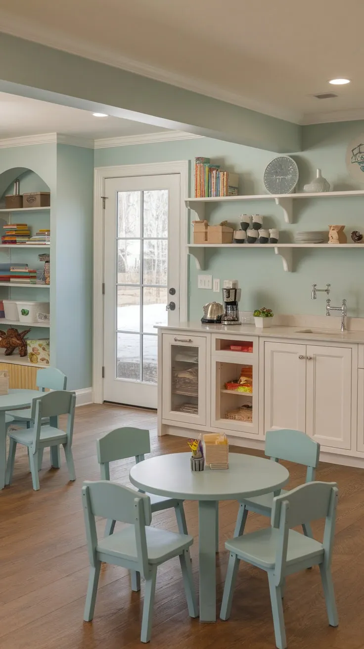 A soft blue basement playroom features a charming cafe setup, toy-filled shelves, and a private exit for endless child-led adventures.