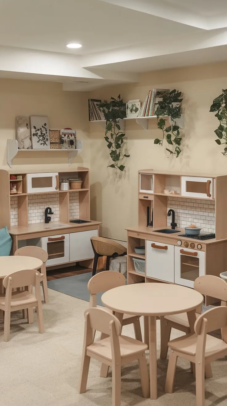 A bright basement playroom boasts a cafe-style seating area, play kitchen, and toy-filled shelves, creating a fun and inviting space for kids.