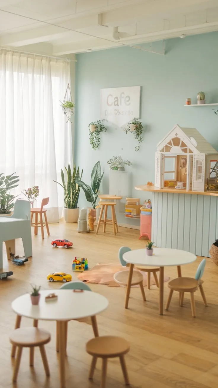 A bright blue dream playroom, complete with cafe seating and an array of toys, creates a charming and spacious haven for imaginative play