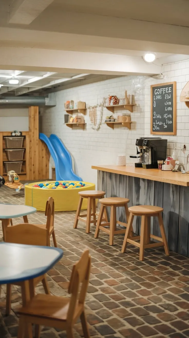 A bright basement playroom blends cafe charm with a brick floor, toy-filled shelves, and classic play features like a slide and ball pit.