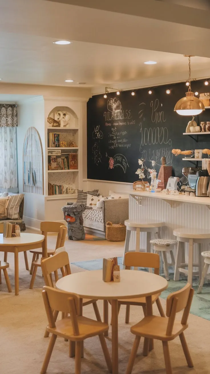 A charming basement cafe-themed playroom creates a warm and inviting space for kids to play and learn