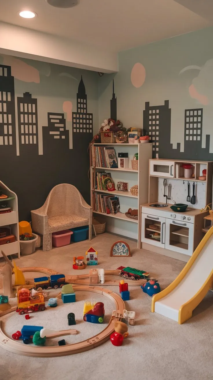 A basement playroom bursts with imaginative fun, featuring a cityscape mural, toy train, play kitchen, and a slide, creating a warm and inviting space for endless play