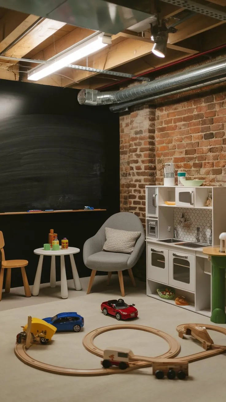 A bright basement playroom boasts a blackboard wall, reading nook, play kitchen, and an array of toys including cars, drums, and a train set, all set against exposed brick and pipes.