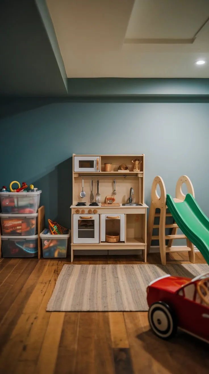 A cozy basement playroom boasts a wooden play kitchen, green slide, red car, and toy bins under soft lighting, all nestled within a blue-walled space with wooden floors.