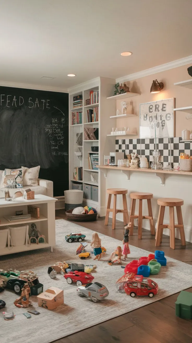 A dream basement playroom boasts a cafe-themed design, complete with toys, chalkboard wall, and comfy seating.