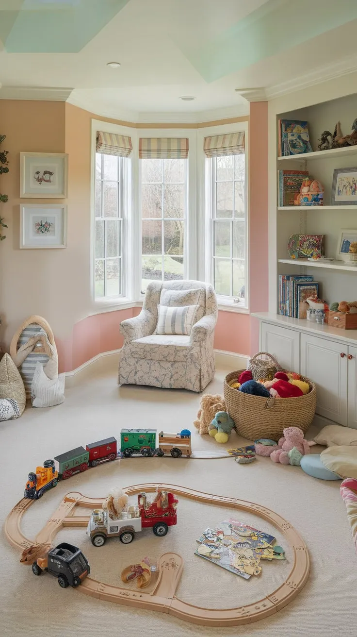 A dreamy basement playroom offers a haven of toys, books, and garden views, perfect for imaginative play