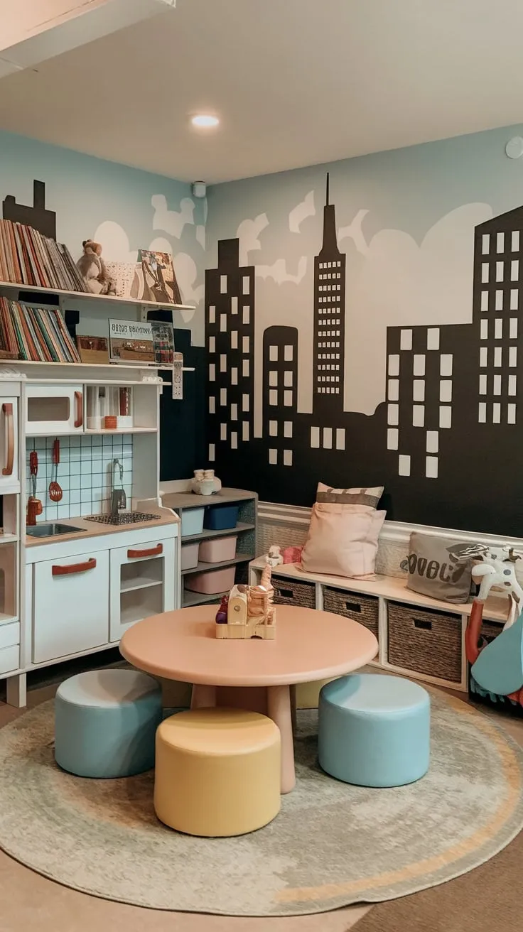 A cozy basement playroom blends imaginative play with a comfortable reading area and a captivating cityscape mural.