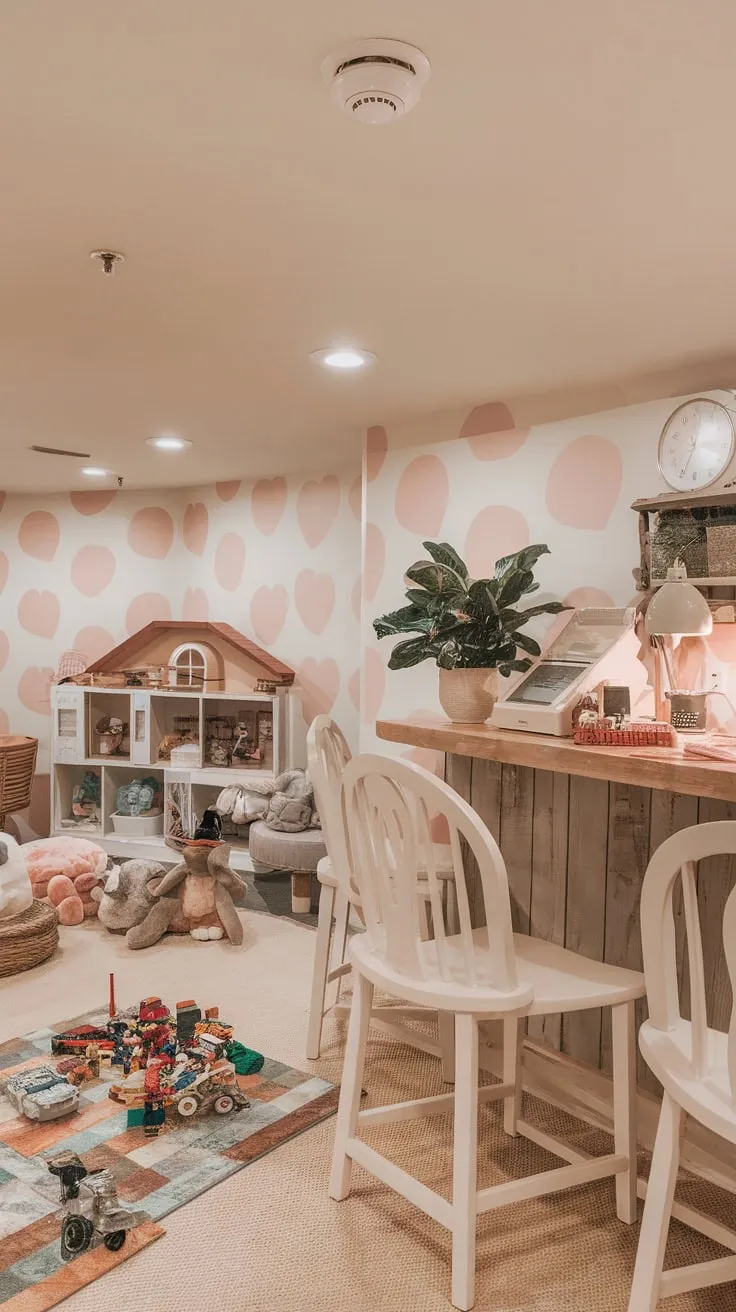 Dream house playroom features a fun cafe area and a vibrant toy-filled space perfect for imaginative play.