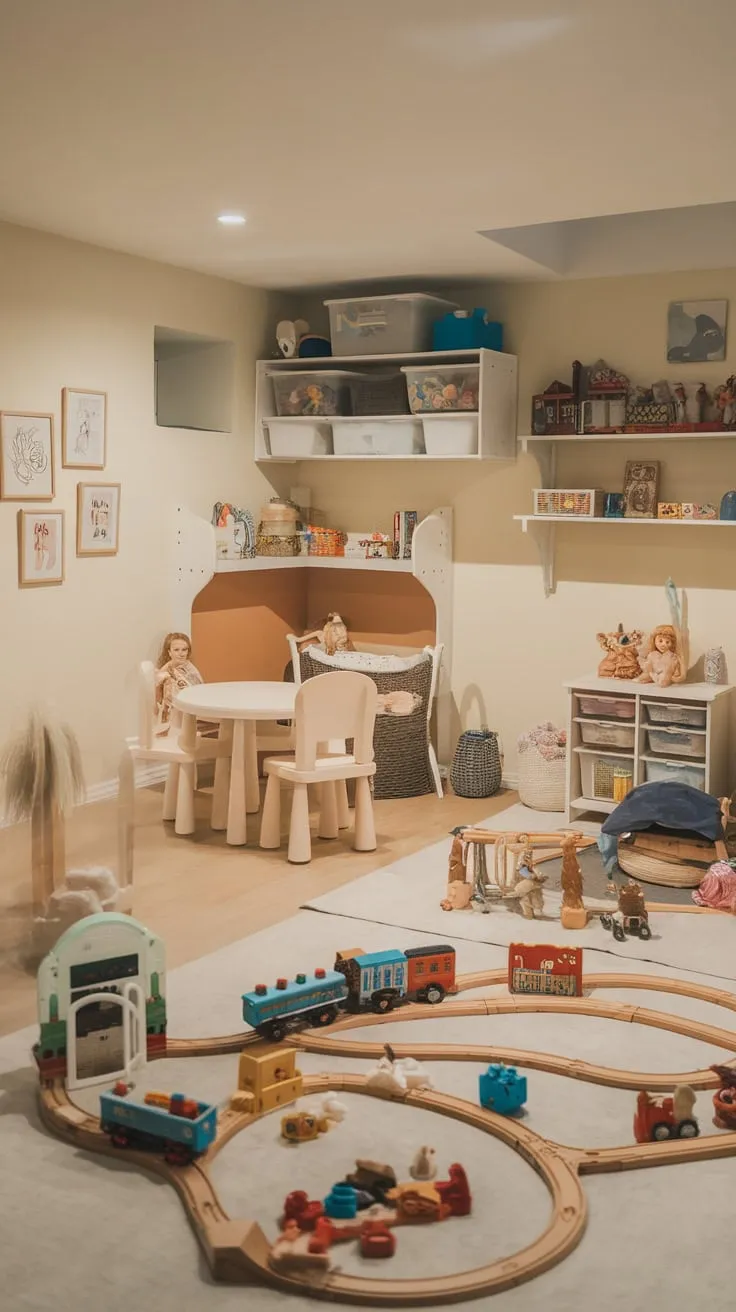 A softly lit basement playroom overflows with toys, a miniature cafe, and ample storage, creating a child's haven