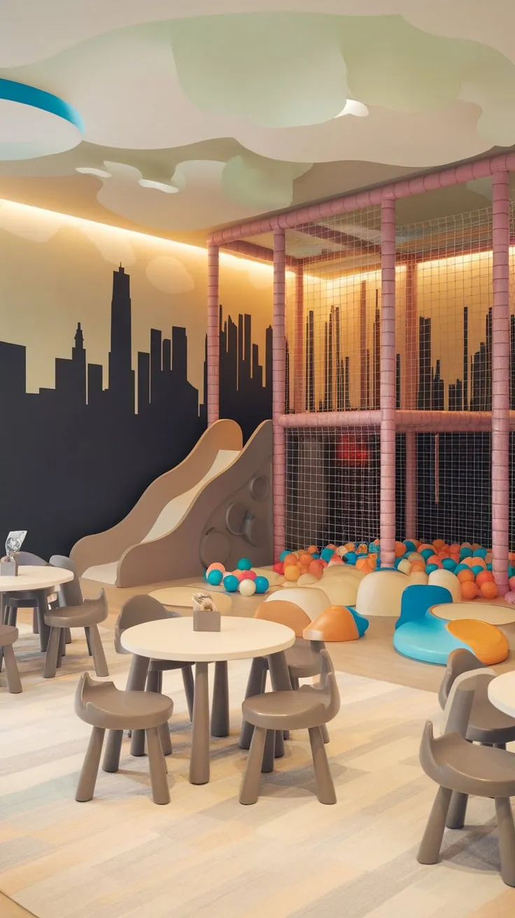 A dream house basement transforms into a vibrant kids' play cafe complete with a slide, climbing net, ball pit, and city skyline mural.