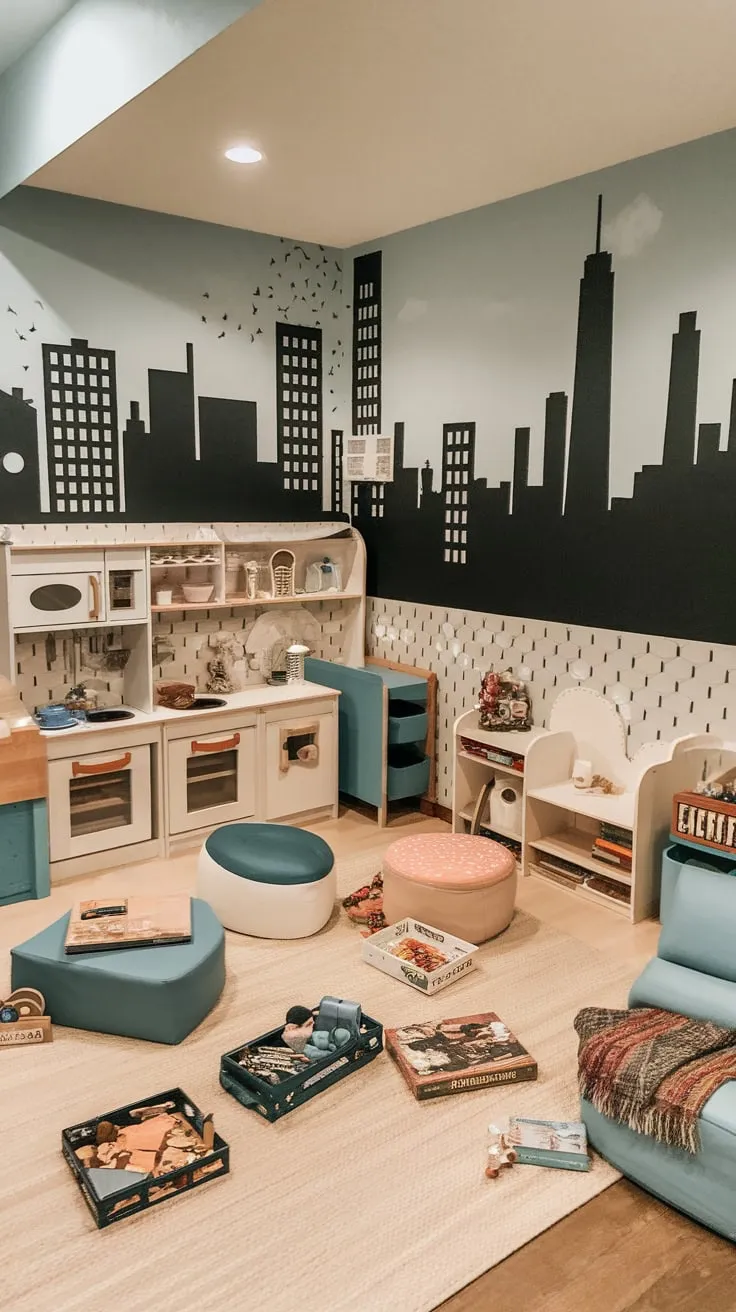 A dream basement playroom, café-themed with a miniature kitchen, cozy seating, and a reading nook, offers a vibrant city skyline mural backdrop for imaginative play.