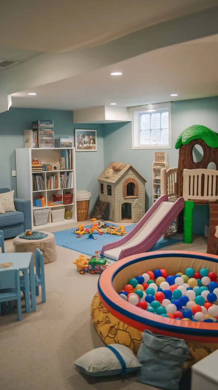 A light blue basement playroom offers a captivating escape for kids, complete with a slide, ball pit, treehouse, and abundant toys.
