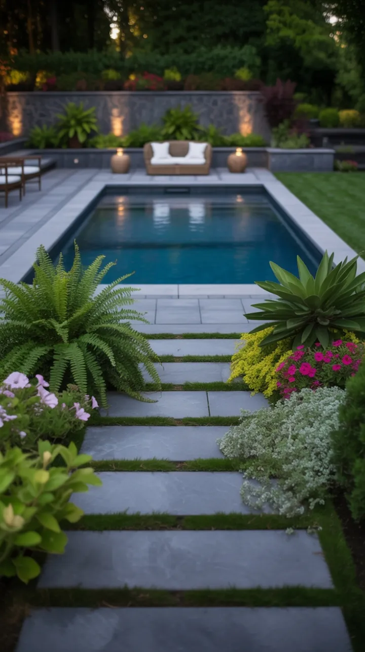 Midnight Oasis with a Sleek Rectangular Pool and Lush Evening Gardens
