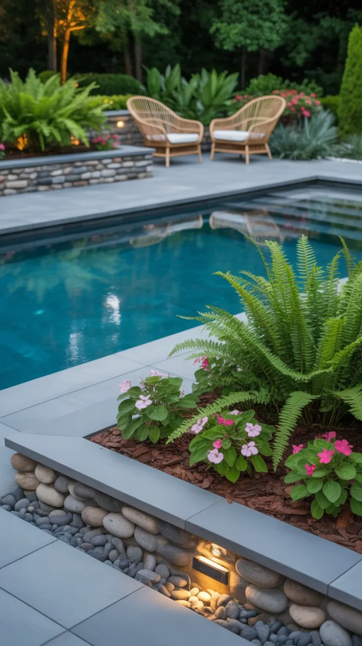 Turquoise Infinity Oasis Framed by River Stone and Lush Ferns