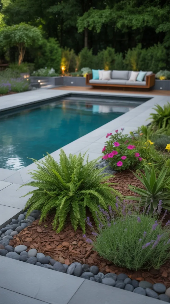Luminous Backyard Oasis with Modern Pool and Lush Gardens
