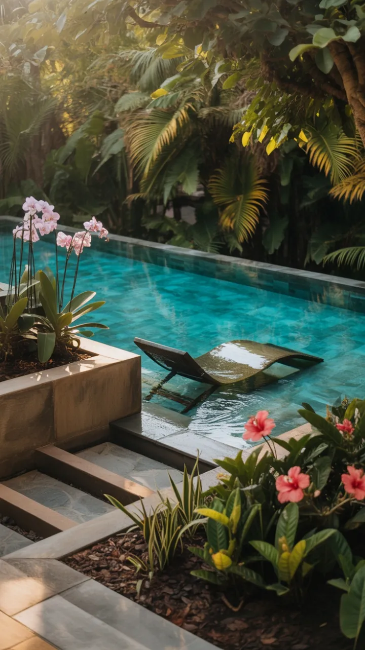 Turquoise Infinity Oasis with Submerged Chaise in an Orchid-Kissed Garden
