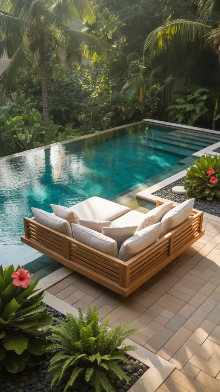 Floating Teak Daybed Above a Turquoise Infinity