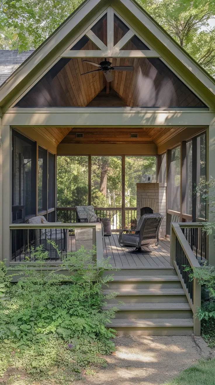 Cozy Backyard Retreat with Lush Greenery and Inviting Porch