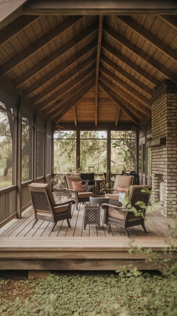 Cozy Rustic Porch with Wooden Ceiling and Fireplace