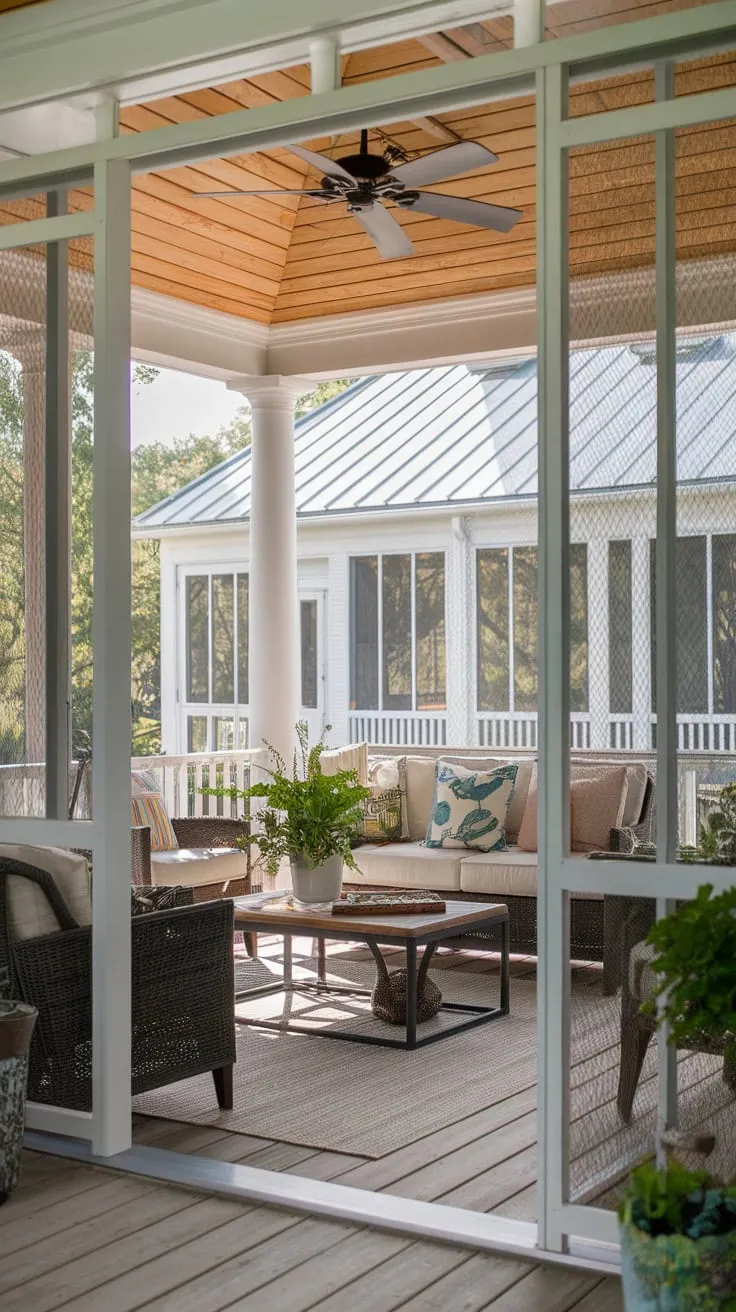 Charming Screened Porch with Wooden Ceiling