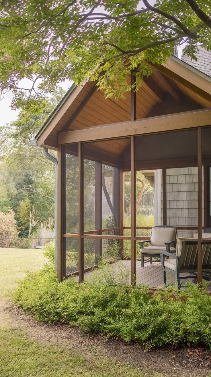 Charming Screened Porch with Wooden Ceiling and Lush Surroundings