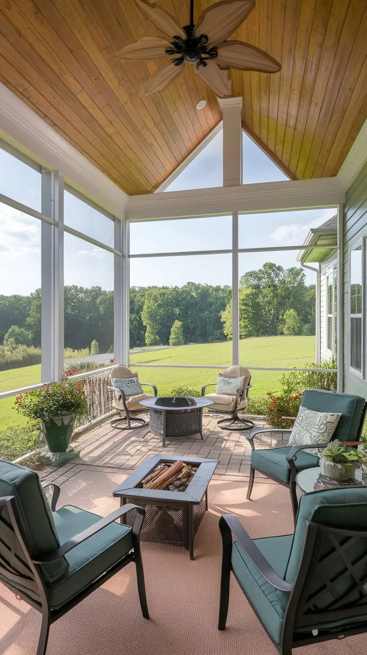 Charming Screened Porch with Wooden Ceiling and Fire Pit