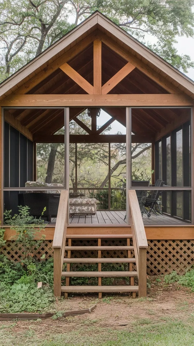 Charming Screened Porch with Wooden Ceiling and Lush Surroundings