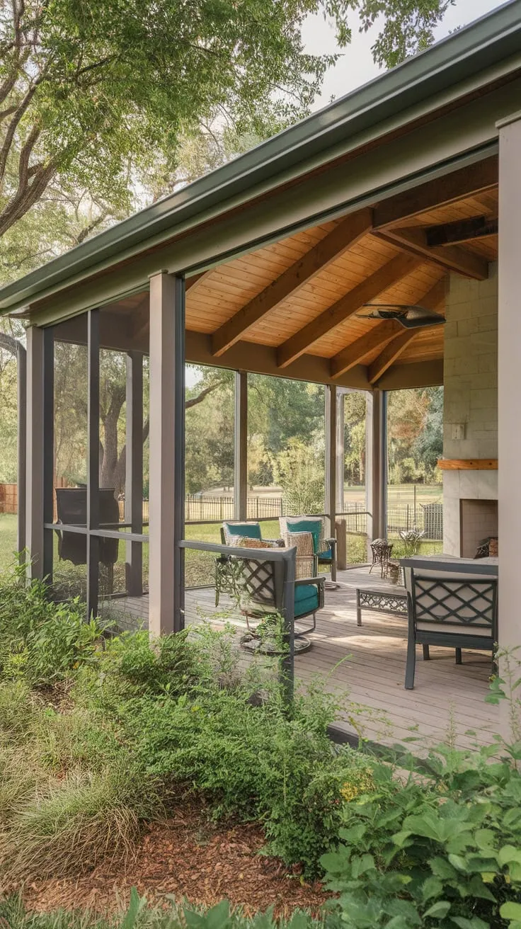 Charming Screened Porch with Wooden Beams