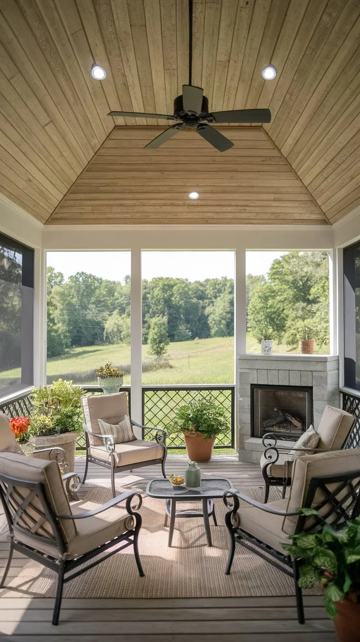 Charming Screened Porch with Wooden Ceiling and Cozy Fireplace