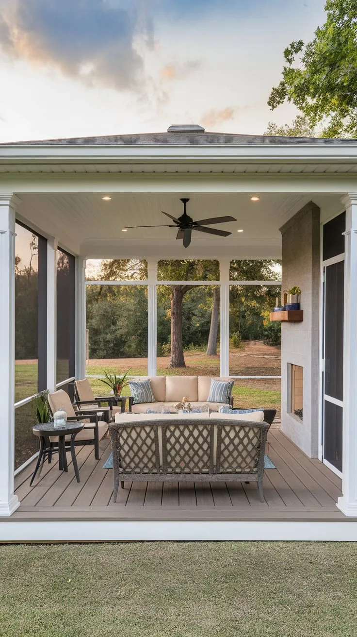 Inviting Backyard Retreat Featuring a Stylish Porch Ceiling