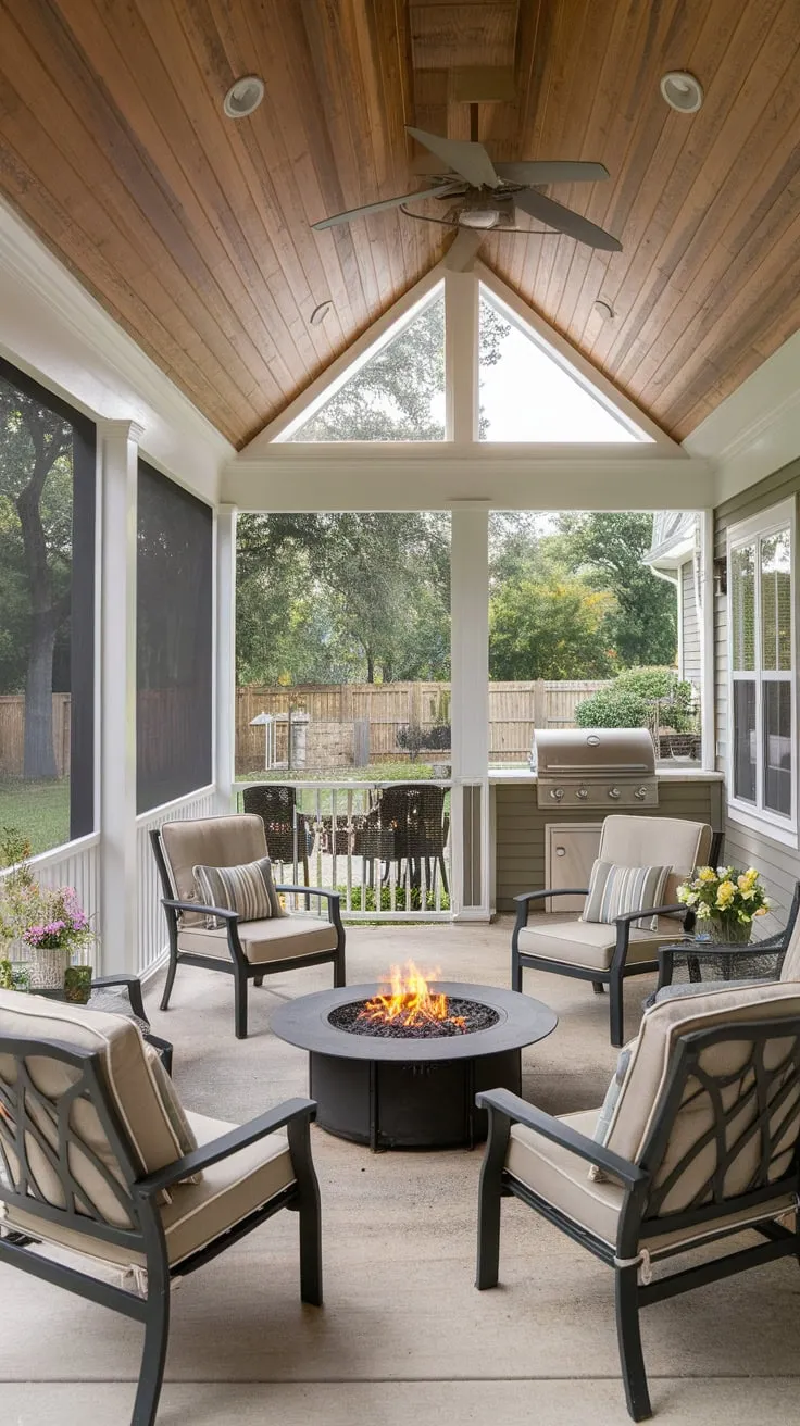 Charming Screened Porch with Wooden Ceiling and Cozy Fire Pit
