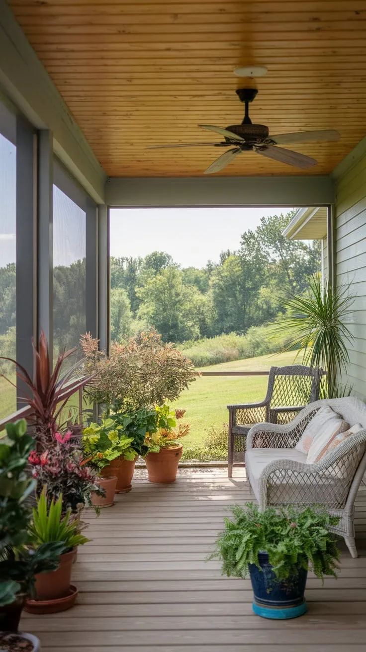 Charming Screened Porch with Wooden Ceiling and Lush Views