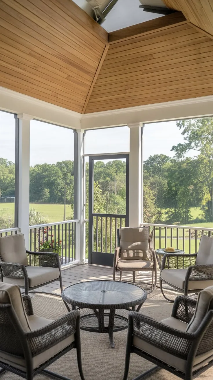 Charming Screened Porch with Wooden Ceiling and Lush Views