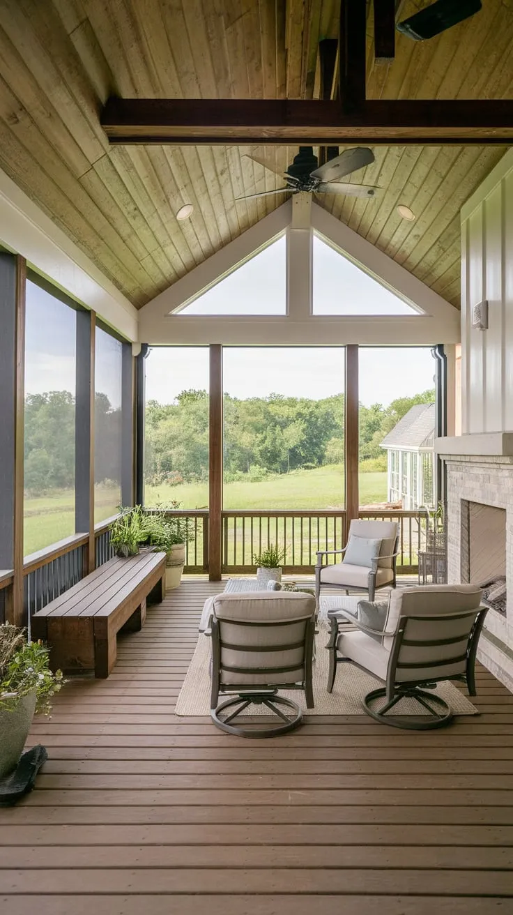 Charming Screened Porch with Wooden Ceiling and Cozy Fireplace