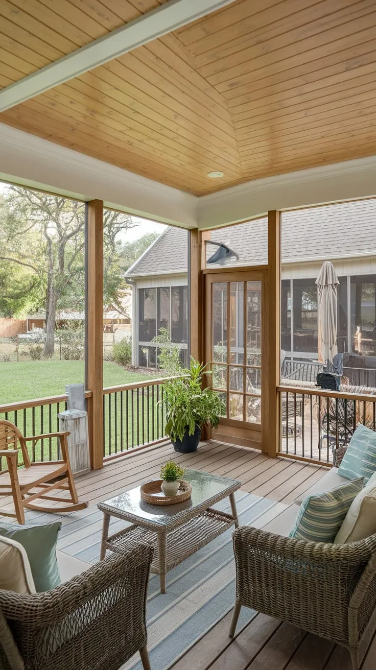 Inviting Backyard Retreat Featuring a Charming Wooden Ceiling Porch