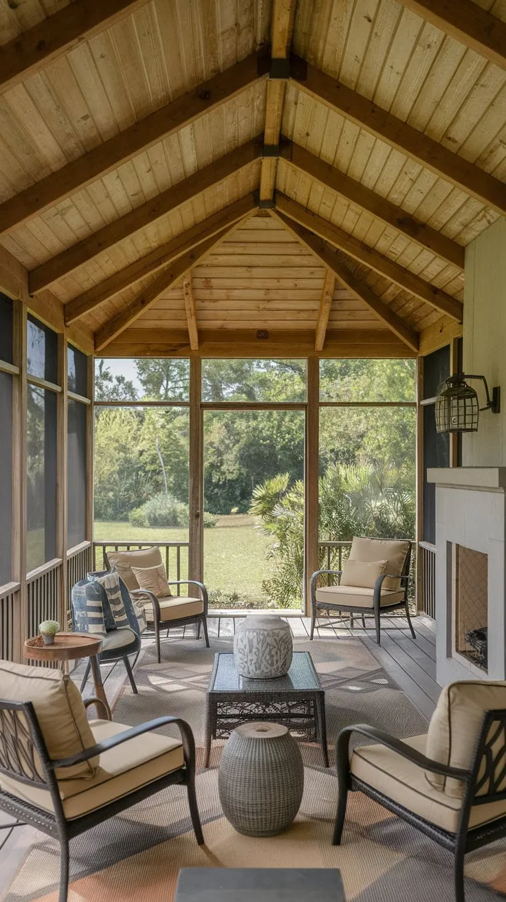 Lush Garden Oasis: Screened Porch with Inviting Wooden Ceiling