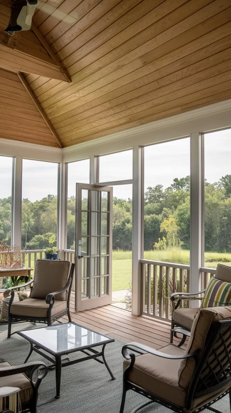 Cozy Retreat: Screened Porch with Wooden Ceiling and Greenery