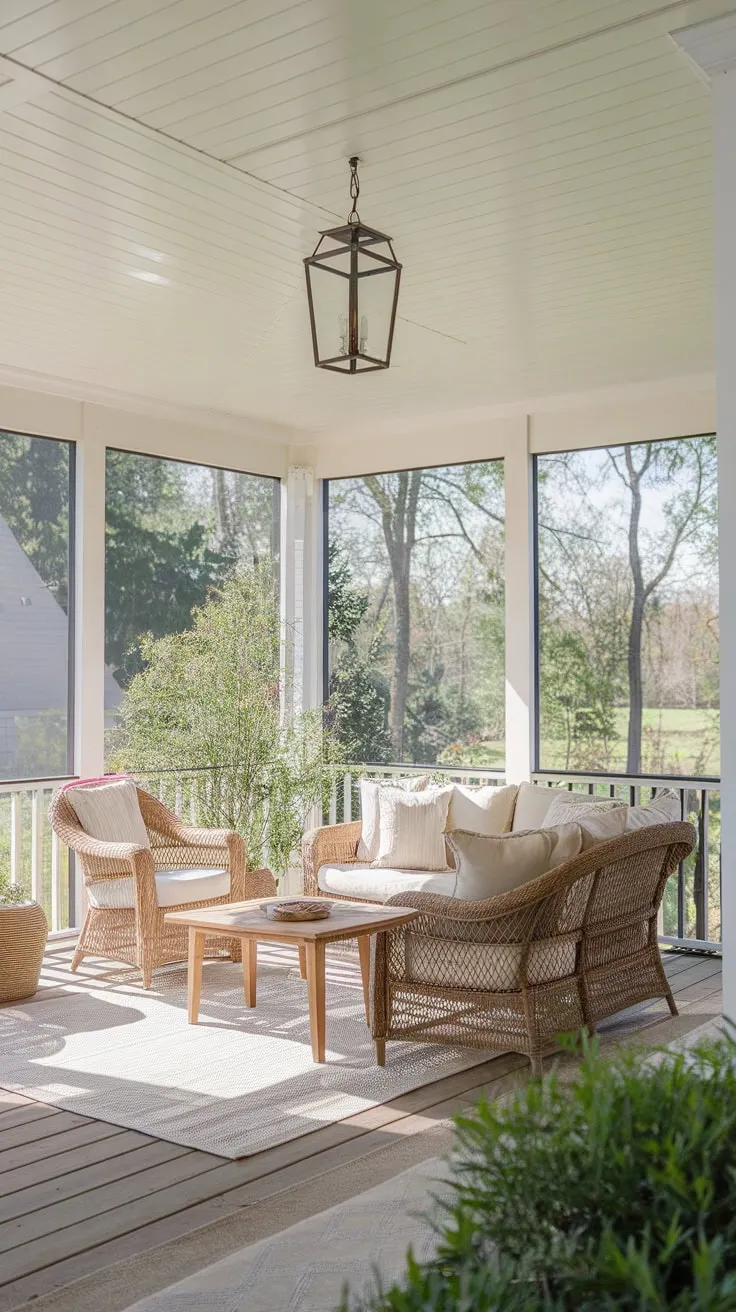 Charming Screened Porch with Beige Ceiling and Wicker Furnishings